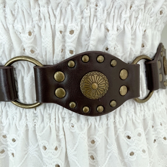 Western brown faux leather concho gold buckle Boho festival studded waist belt - Picture 14 of 15